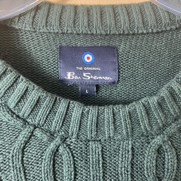 Ben Sherman Green Cable Knit Crewneck Cotton Sweater Size Large Fisherman - Picture 3 of 6